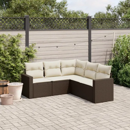 Set Comedor de Jardín 5 Piezas y Cojines Ratán Sintético Marrón