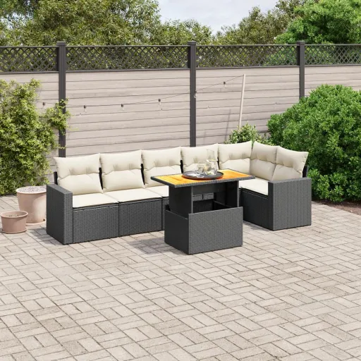 Set de Comedor de Jardín 7 Pzas y Cojines Ratán Sintético Negro