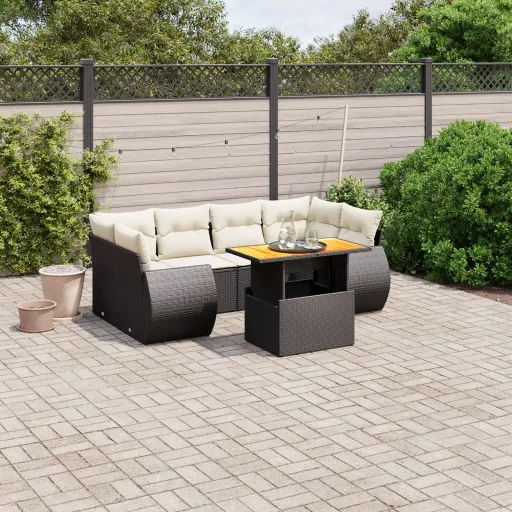 Set de Comedor de Jardín 7 Pzas y Cojines Ratán Sintético Negro