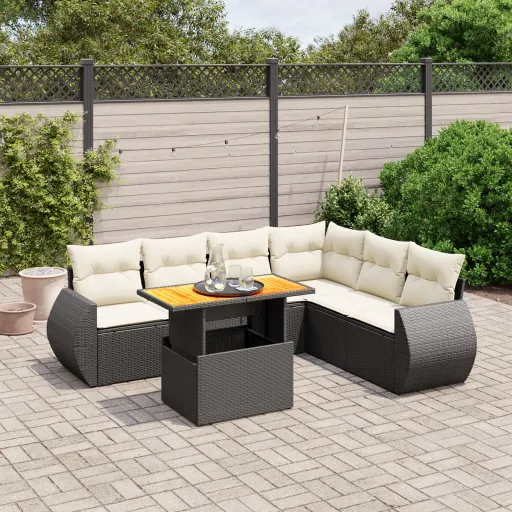 Set de Comedor de Jardín 7 Pzas y Cojines Ratán Sintético Negro