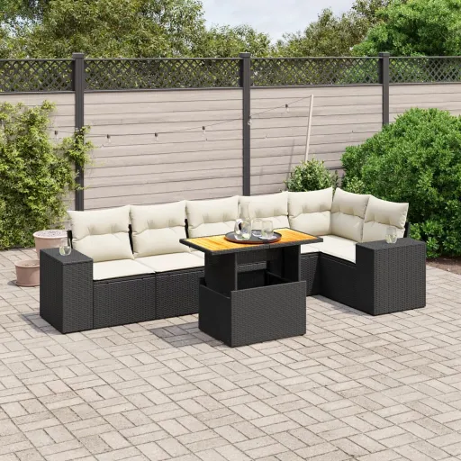 Set de Comedor de Jardín 7 Pzas y Cojines Ratán Sintético Negro