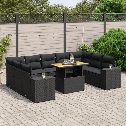 Set de Sofás de Jardín 10 Pzas Cojines Ratán Sintético Negro