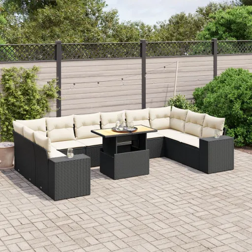 Set de Sofás de Jardín 11 Pzas y Cojines Ratán Sintético Negro