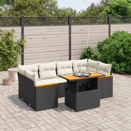 Set de Comedor de Jardín 7 Pzas y Cojines Ratán Sintético Negro