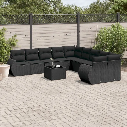 Set de Sofás de Jardín 11 Pzas y Cojines Ratán Sintético Negro