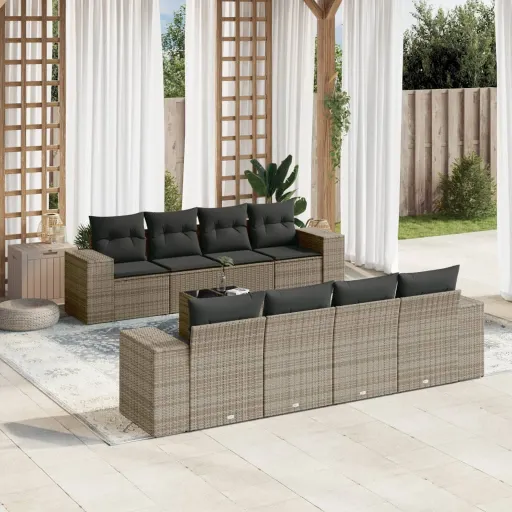 Set de Muebles de Jardín 9 Pzas y Cojines Ratán Sintético Gris