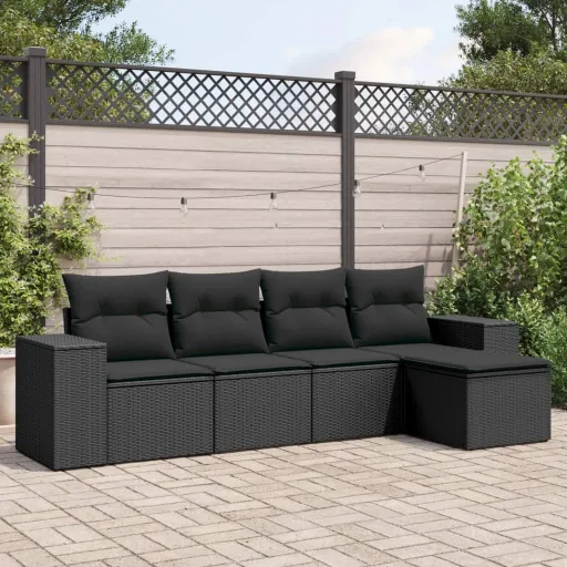 Set de Muebles de Jardín 5 Pzas y Cojines Ratán Sintético Negro
