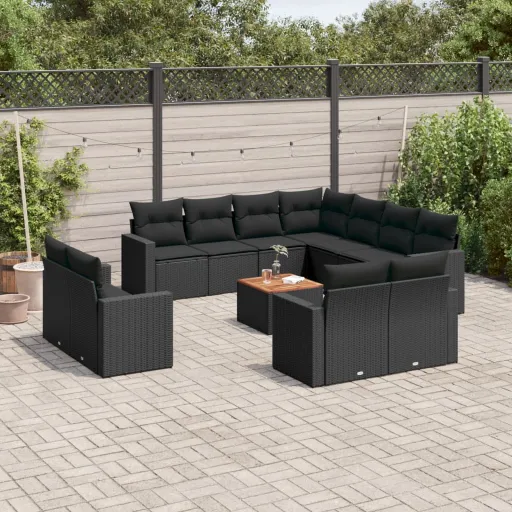 Set de Sofás de Jardín 12 Piezas Cojines Ratán Sintético Negro