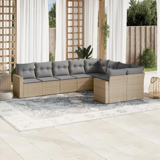 Set de Sofás de Jardín 9 Pzas Con Cojines Ratán Sintético Beige