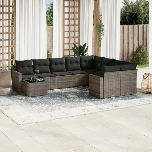 Set de Sofás de Jardín 10 Pzas Con Cojines Ratán Sintético Gris