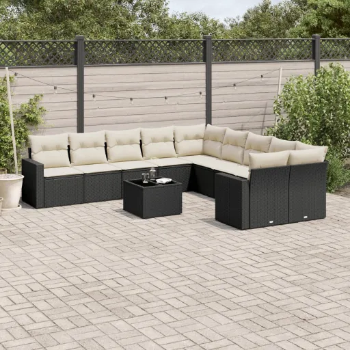 Set de Sofás de Jardín 11 Pzas y Cojines Ratán Sintético Negro