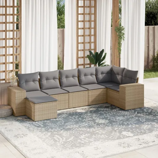 Set Sofás de Jardín 7 Piezas y Cojines Ratán Sintético Beige