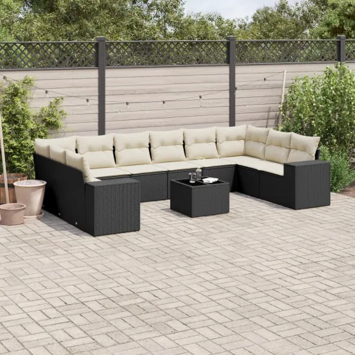 Set de Sofás de Jardín 11 Pzas y Cojines Ratán Sintético Negro