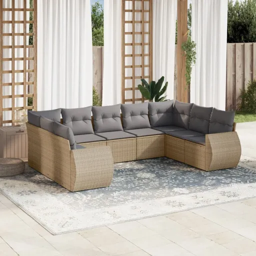 Set de Sofás de Jardín 9 Pzas Con Cojines Ratán Sintético Beige