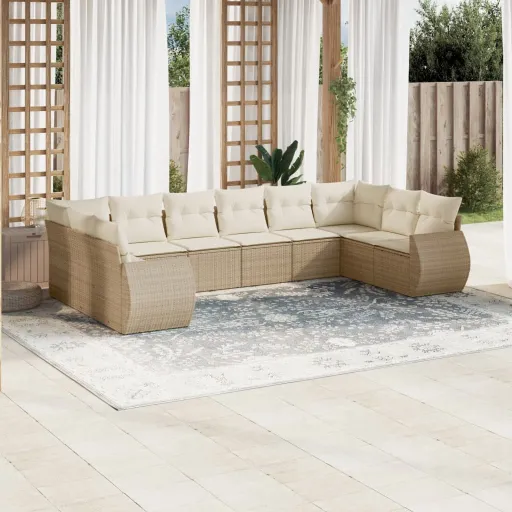 Juego de Sofás Jardín Con Cojines Beige 10 Pzas Ratán Sintético