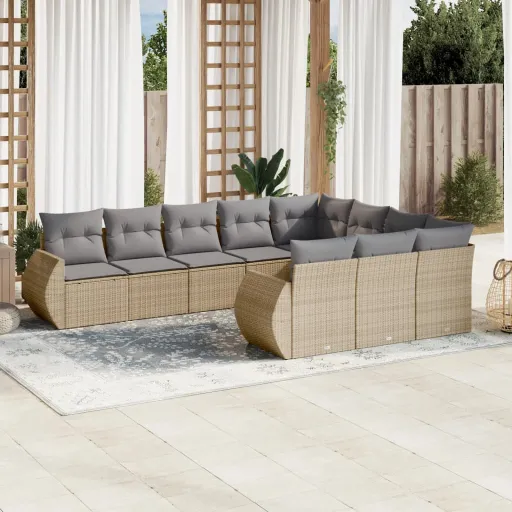 Juego de Sofás Jardín Con Cojines Beige 10 Pzas Ratán Sintético