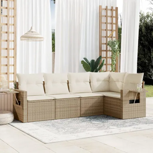 Juego de Sofás Jardín Con Cojines 5 Pzas Ratán Sintético Beige
