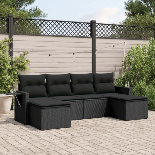 Set de Sofás de Jardín 6 Piezas y Cojines Ratán Sintético Negro