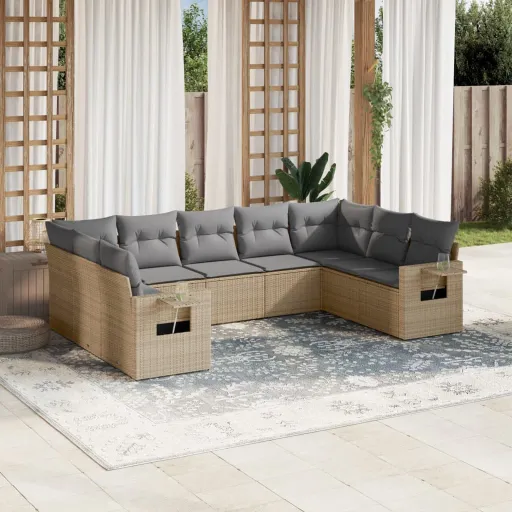 Set de Sofás de Jardín 9 Pzas Con Cojines Ratán Sintético Beige