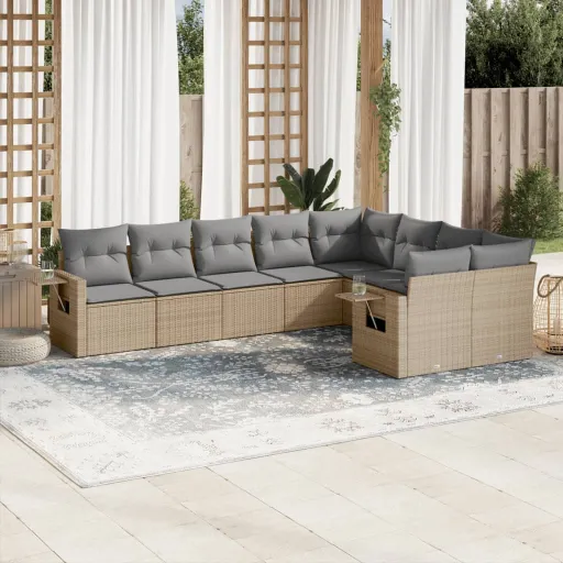 Set de Sofás de Jardín 9 Pzas Con Cojines Ratán Sintético Beige