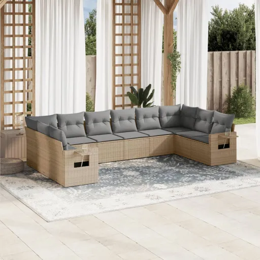 Juego de Sofás Jardín Con Cojines Beige 10 Pzas Ratán Sintético