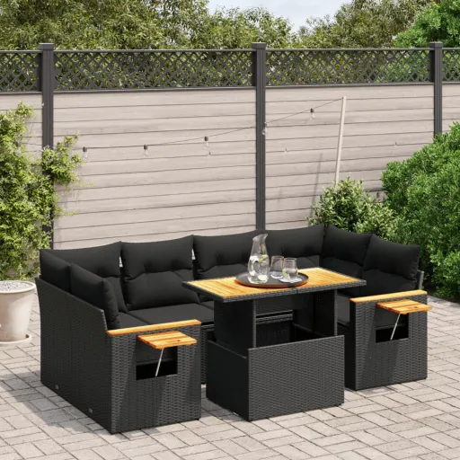 Set de Comedor de Jardín 7 Pzas y Cojines Ratán Sintético Negro