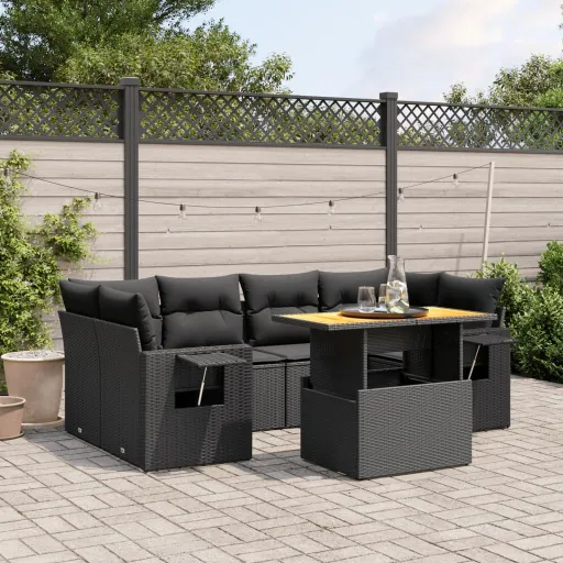 Set de Comedor de Jardín 7 Pzas y Cojines Ratán Sintético Negro