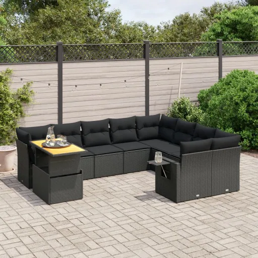 Set de Sofás de Jardín 10 Pzas Cojines Ratán Sintético Negro