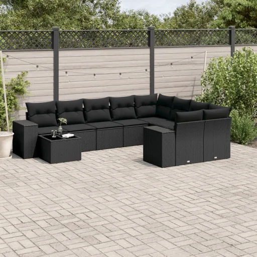 Set de Sofás de Jardín 10 Pzas Cojines Ratán Sintético Negro