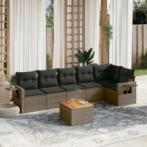 Set de Sofás de Jardín 7 Piezas Con Cojines Ratán PE Gris