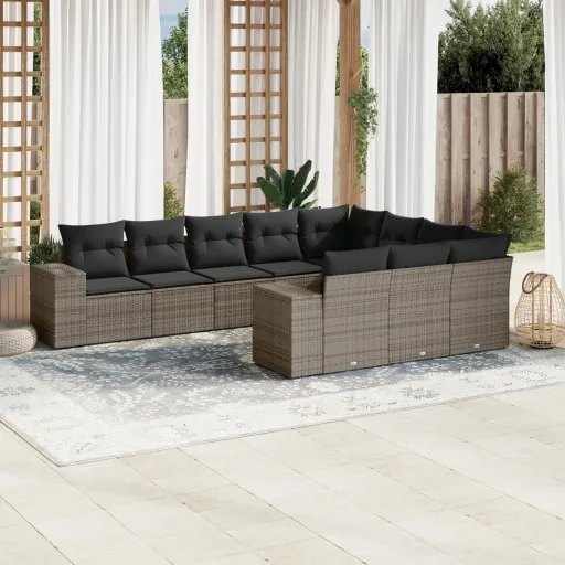 Set de Sofás de Jardín 10 Pzas Con Cojines Ratán Sintético Gris