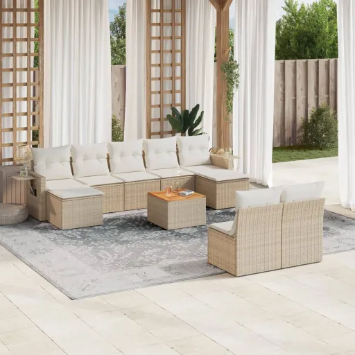 Juego de Sofás Jardín Con Cojines Beige 10 Pzas Ratán Sintético