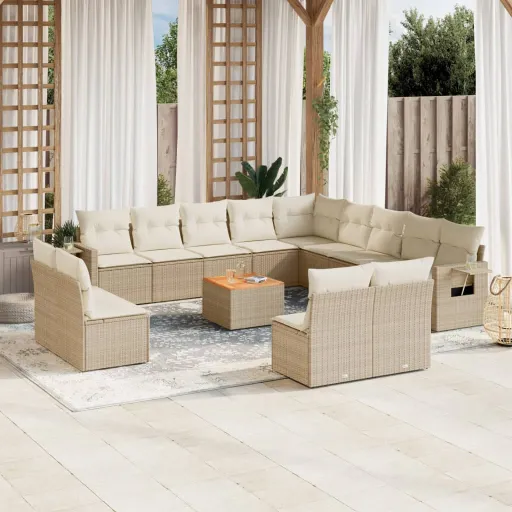 Set Sofás de Jardín 14 Pzas Con Cojines Ratán Sintético Beige