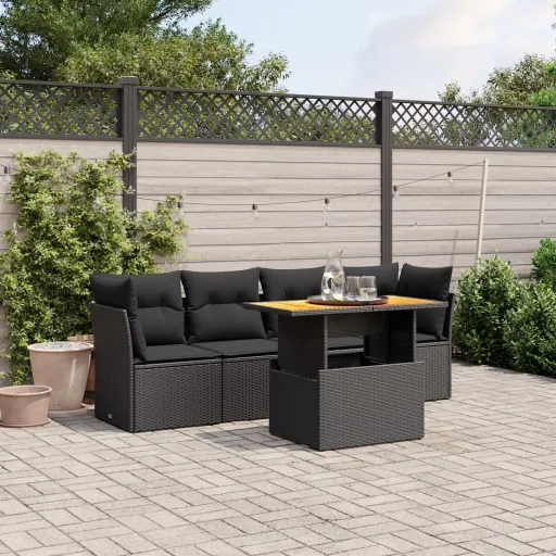 Set de Muebles de Jardín 5 Pzas y Cojines Ratán Sintético Negro