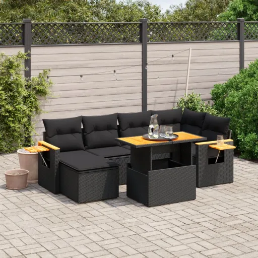 Set de Comedor de Jardín 7 Pzas y Cojines Ratán Sintético Negro
