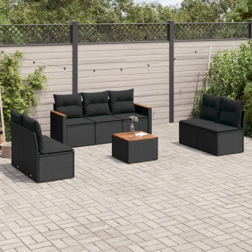 Set de Sofás de Jardín 8 Piezas y Cojines Ratán Sintético Negro