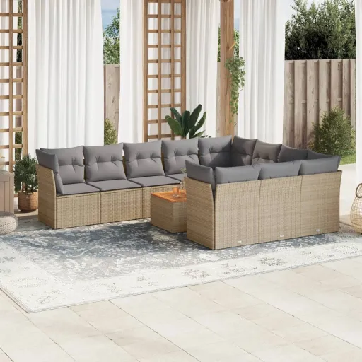 Juego de Sofás Jardín Con Cojines Beige Mezcla 11 Pzas Ratán PE