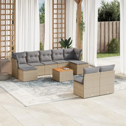 Juego de Sofás Jardín Con Cojines Beige 10 Pzas Ratán Sintético