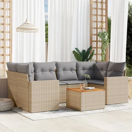 Juego de Sofás Jardín Con Cojines Beige Mezcla 7 Pzas Ratán PE