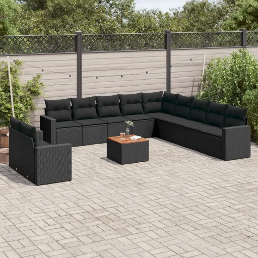 Set de Sofás de Jardín 12 Piezas Cojines Ratán Sintético Negro