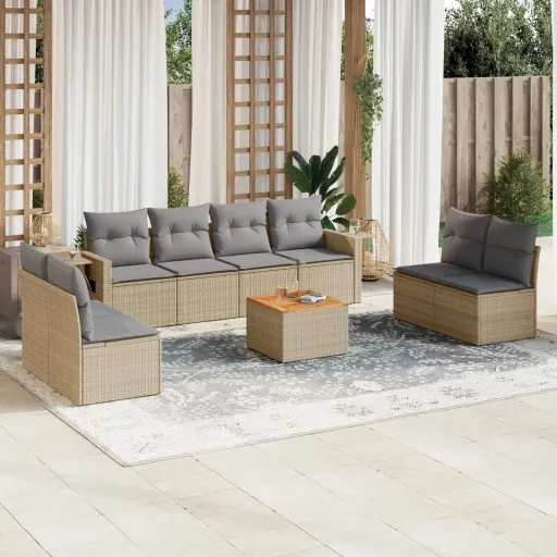 Juego de Sofás Jardín Con Cojines Beige Mezcla 9 Pzas Ratán PE