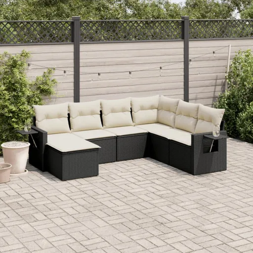Set de Comedor de Jardín 7 Pzas y Cojines Ratán Sintético Negro