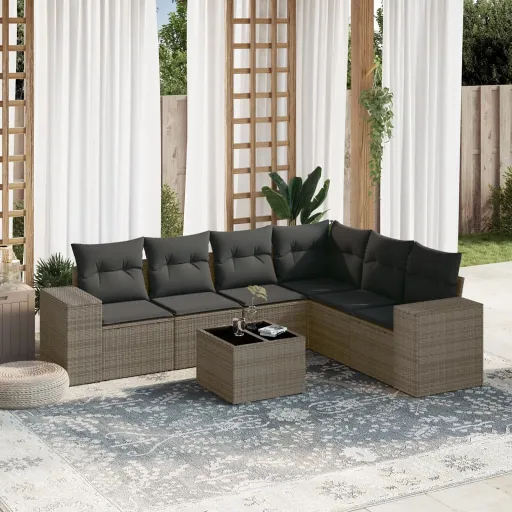 Set de Sofás de Jardín 7 Piezas Con Cojines Ratán PE Gris