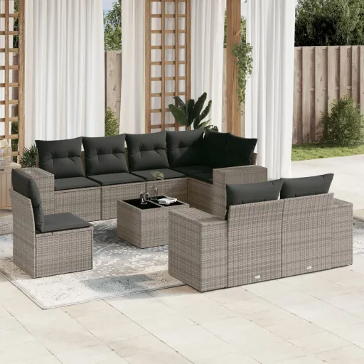 Set de Muebles de Jardín 9 Pzas y Cojines Ratán Sintético Gris