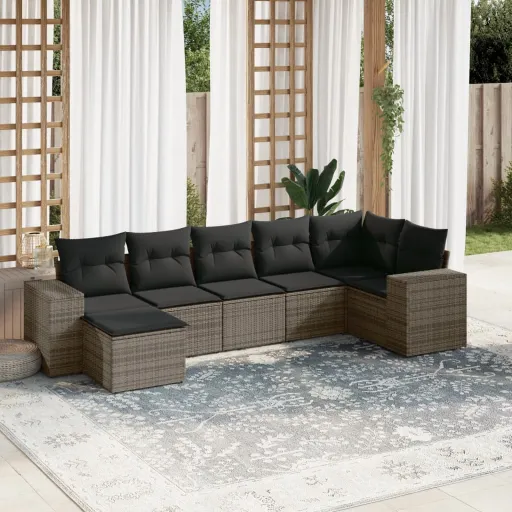 Set de Sofás de Jardín 7 Piezas Con Cojines Ratán PE Gris