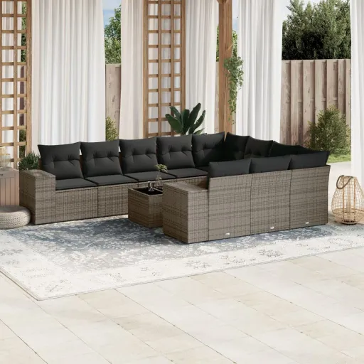 Set de Sofás de Jardín 11 Pzas y Cojines Ratán Sintético Gris