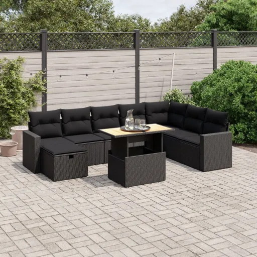 Set de Sofás de Jardín 8 Piezas y Cojines Ratán Sintético Negro