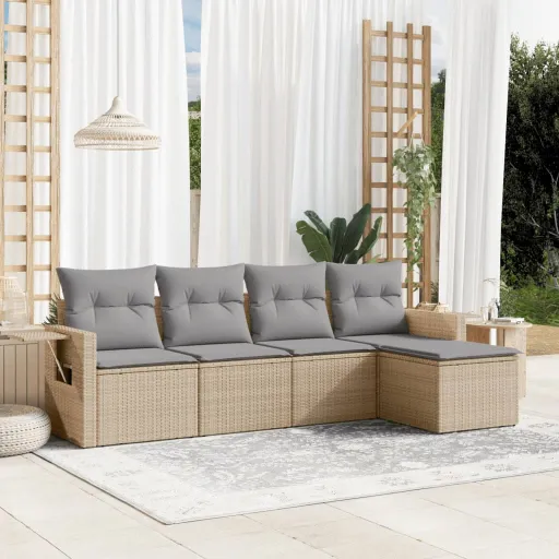 Juego de Sofás Jardín Con Cojines 5 Pzas Ratán Sintético Beige