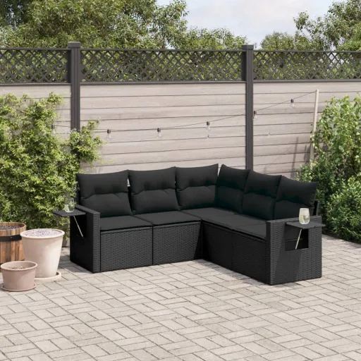 Set de Muebles de Jardín 5 Pzas y Cojines Ratán Sintético Negro