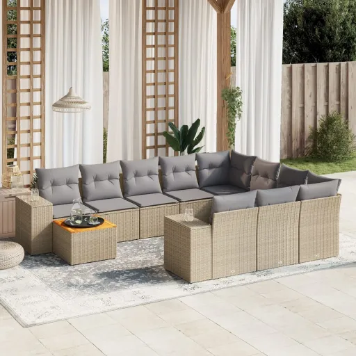 Set de Sofás de Jardín 11pzas Con Cojines Ratán Sintético Beige
